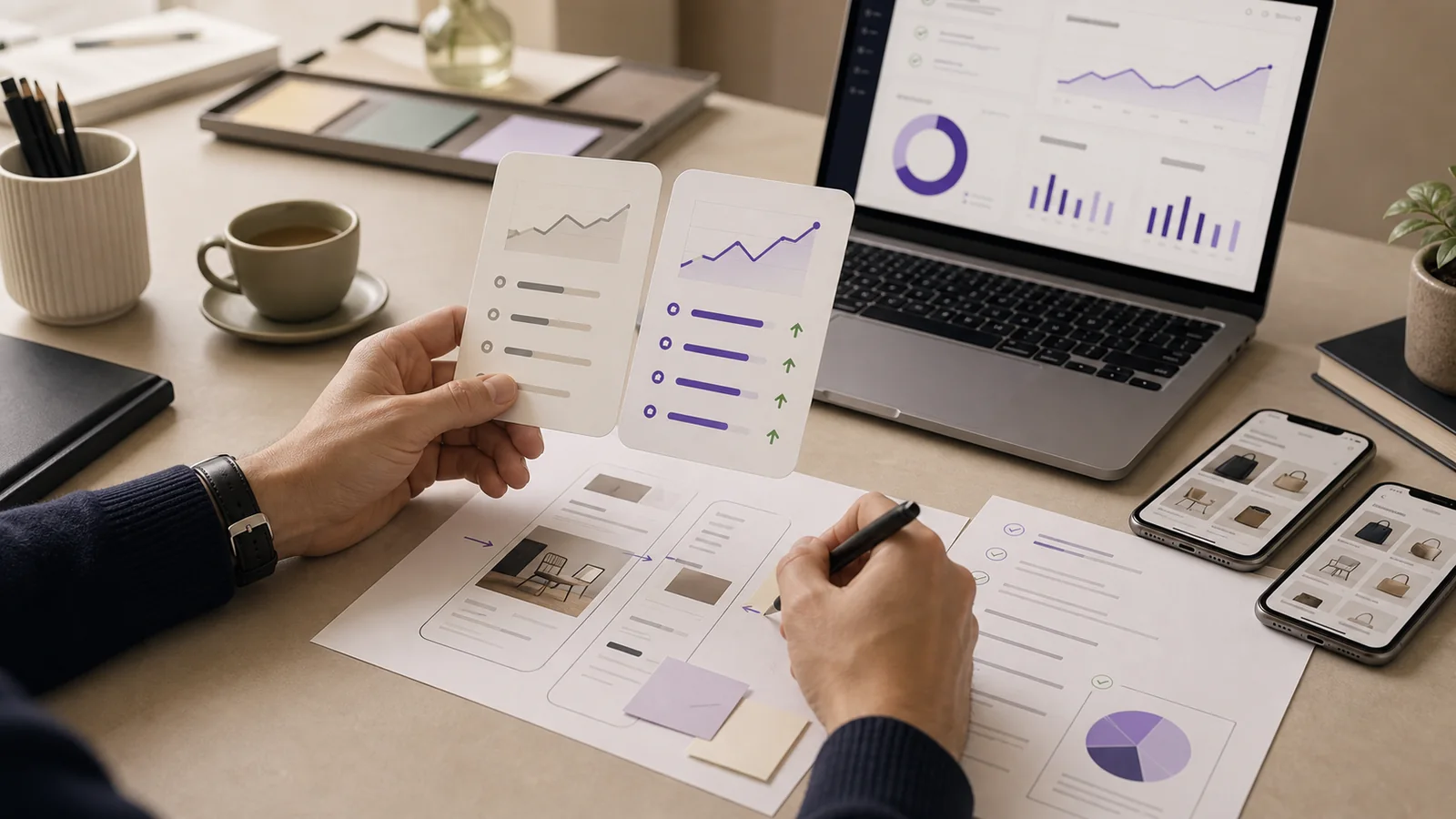 Analyse de résultats de refonte web avec tableaux de performance et supports projet
